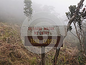 Timpohon route trail signage to go to Laban Rata base camp at Mount Kinabalu.