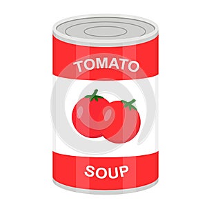 Tin can with canned tomato soup. Vector flat illustration