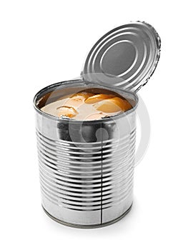 Tin can with conserved peach halves