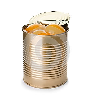 Tin can with conserved peaches photo