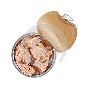 Tin can with conserved tuna on white background