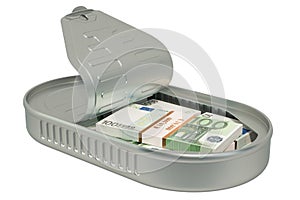 Tin can with euro packs, 3D rendering