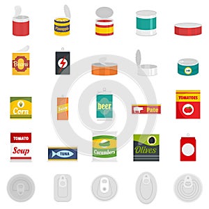 Tin can food package jar icons set, flat style