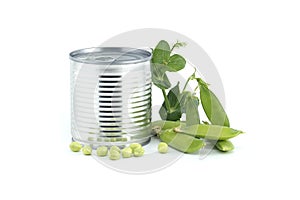 Tin can and fresh garden peas isolated on white