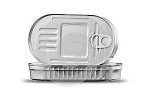 Tin can for new design with text, 3d rendering, template, view of fish canned in silver oval containers, face and profile closeup,