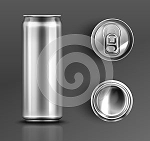 Tin can with open key front, top and bottom view