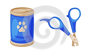Tin can of pet food and pet nail clippers. Supplies for domestic animals set cartoon vector illustration
