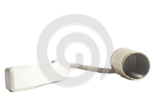 Tin can phone with handset on white background