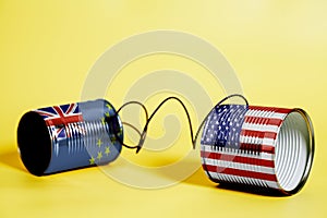 Tin can phone with USA and Tuvalu Flag.communication concept