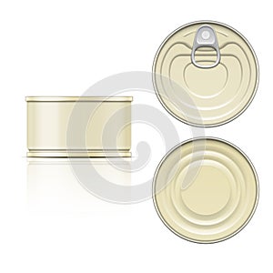 Tin can with ring pull: side, top and bottom view