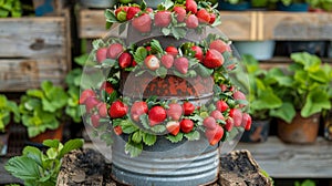 A tin can with strawberries on top