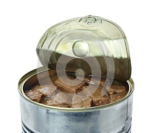Tin can of wet pet food isolated on white