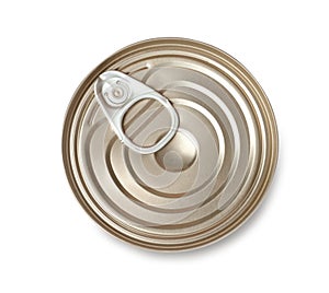 Tin can of wet pet food isolated on white, top view