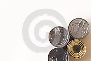 Tin, canned food isolated on white. Stock and proviant concept