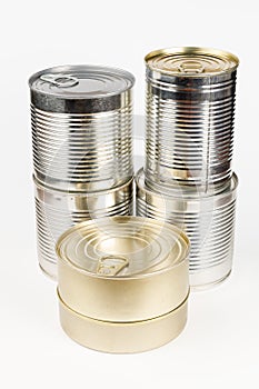 Tin cans for canned food, provisions stocks on a white background