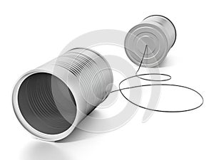 Tin cans connected to each other with a rope. 3D illustration
