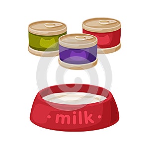 Tin cans of pet food and bowl of milk. Supplies for domestic animals set cartoon vector illustration
