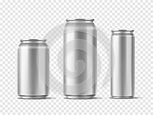 Tin drink cans. Realistic aluminum jars. 3D packaging for beer soda and energy carbonated beverages. Soda bottle. Blank