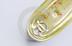 Tin food canned with opener inform on white background
