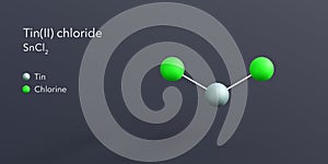 tin(ii) chloride molecule 3d rendering, flat molecular structure with chemical formula and atoms color coding