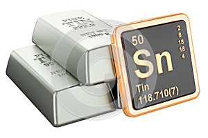 Tin ingots with chemical element icon Stannum Sn, 3D rendering