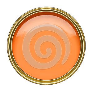 TIN OF ORANGE PAINT ON WHITE BACKGROUND