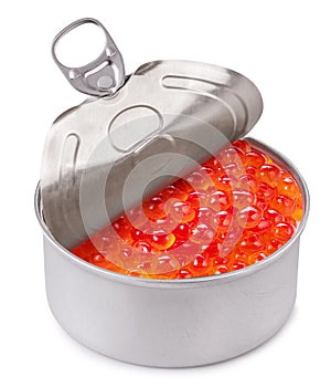 Tin of red caviar on white background. File contains clipping path