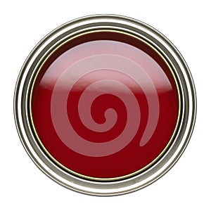 TIN OF RED PAINT ON WHITE BACKGROUND