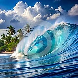 tin side view of the huge breaking wave of the sea