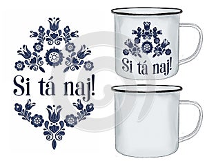 Tin tea mug with Slovak ornament