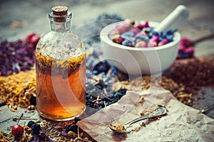 Tincture bottle, mortar of healing herbs and paper of recipes photo