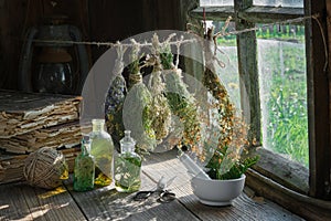 Tincture or infusion bottles, old books, mortar and hanging bunches of dry medicinal herbs.