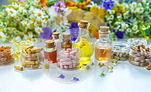 Tinctures, extracts, oils and dietary supplements from medicinal herbs. Selective focus.