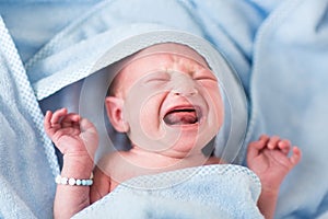 Tine newborn baby crying after bath in a blue towel