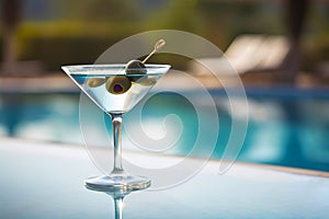 Tini cocktail on poolside by pool. Generative AI illustration