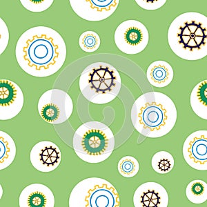 Tinkering cogs and gears bouncing about in circles on green background seamless repeat vector