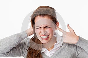 Tinnitus concept, 20s woman teeth grinding for noise or tinnitus problems