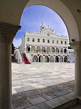 Famous Christian orthodox church of Virgin Mary, view through architectural arch