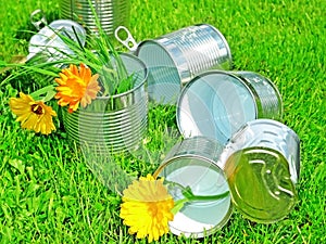 Tins in grass - recycling concept