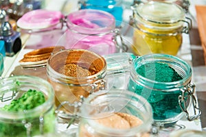 Tinsel. Shimmer. For makeup, manicure and decorating clothes. Beautiful bright background. Cosmetic, beauty products. Sparkles,