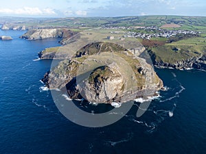 Tintagel on the coast aerial Cornwall England uk