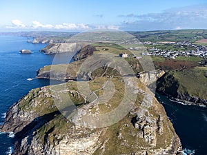 Tintagel on the coast aerial Cornwall England uk