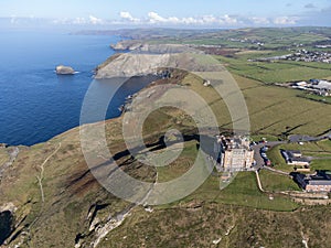 Tintagel on the coast aerial Cornwall England uk