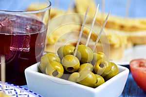 Tinto de verano, olives, and spanish omelet