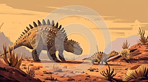 A tiny ankylosaurus cautiously exploring a new patch of land while its mother stands guard with her spiky tail raised