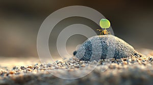 Tiny ant carrying a leaf on a rock