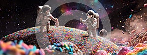 Tiny astronauts explore sprinkle galaxy on cupcake planet