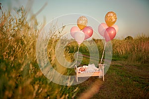 Tiny baby asleep in his crib in lace bonnet A in in cap and flies away with balloons