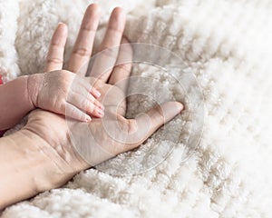 Tiny baby hand in her mother palm for love and protection concept