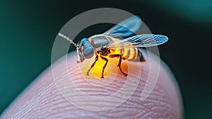 Tiny bee rests on fingertip